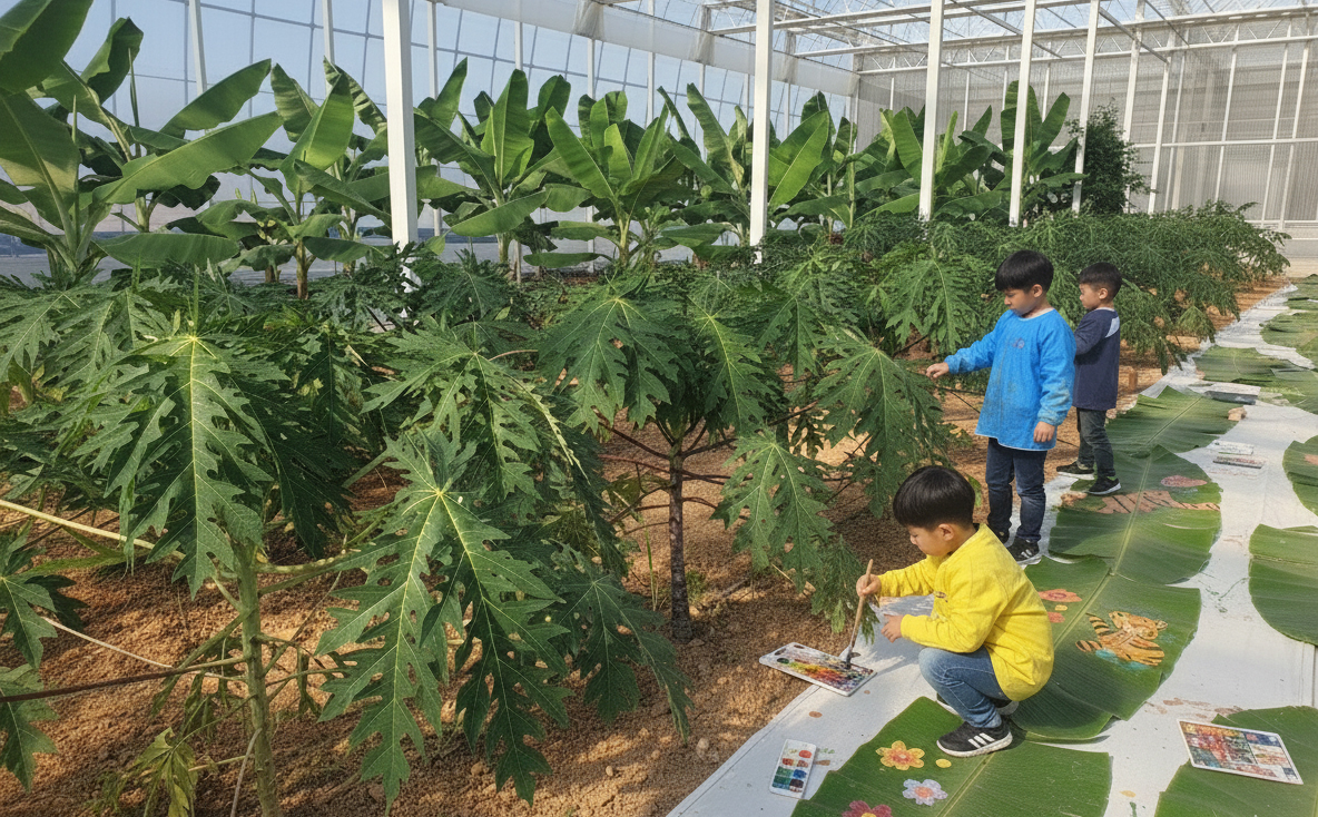 바나나 잎 위에 그림을 그리는 아이들 이미지